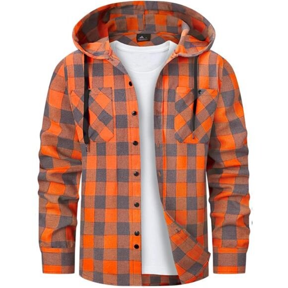 Mens Hooded Flannel Shirts Hoodie Orange - Picture 1 of 6